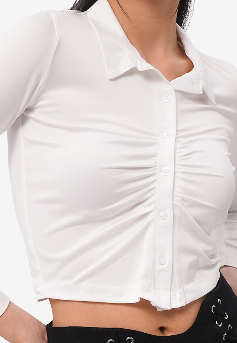 Front Ruched Long Sleeve Shirt Off White