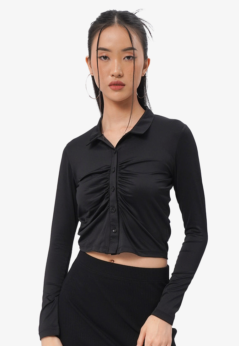 Front Ruched Long Sleeve Shirt Black