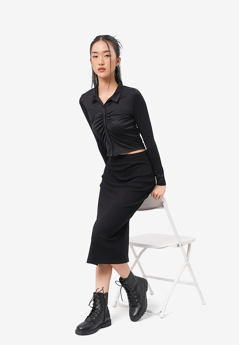 Front Ruched Long Sleeve Shirt Black