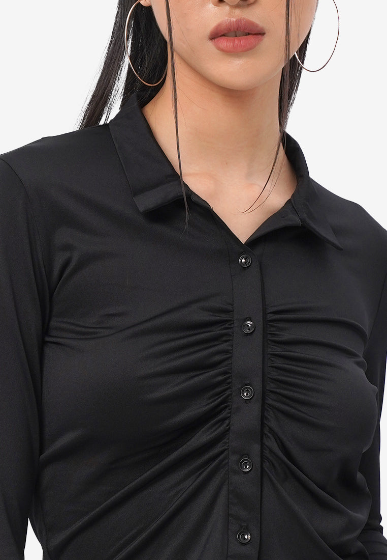 Front Ruched Long Sleeve Shirt Black