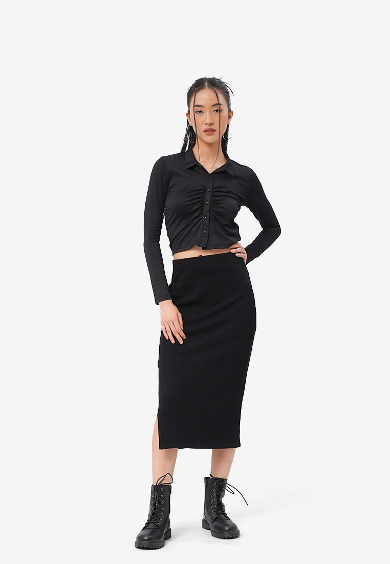 Front Ruched Long Sleeve Shirt Black