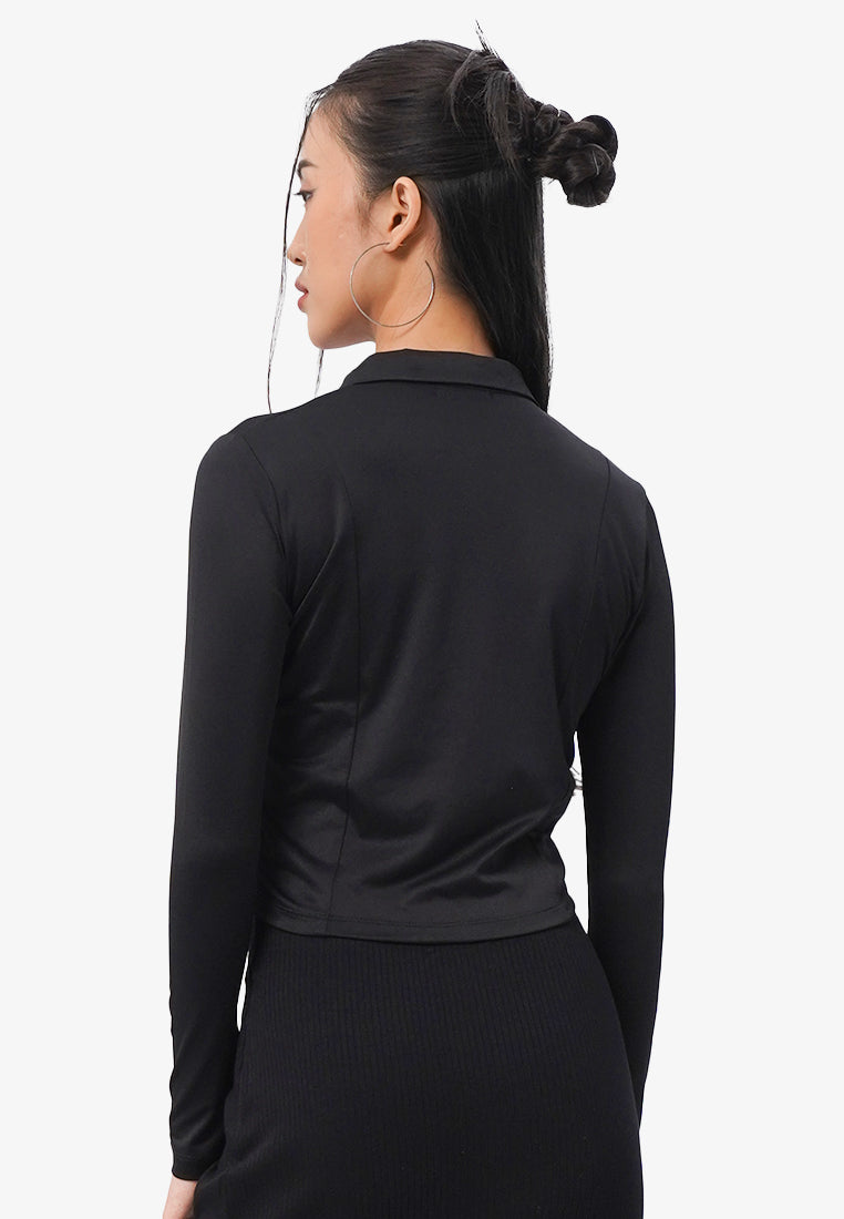 Front Ruched Long Sleeve Shirt Black