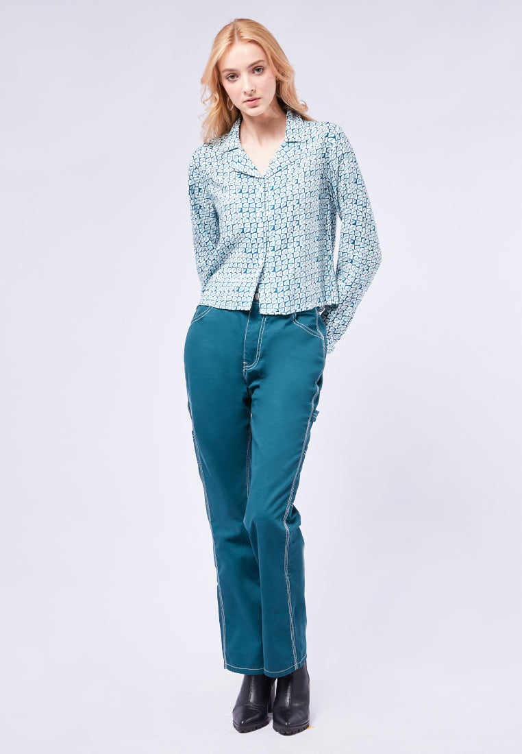 Printed Crop Long Sleeve Blouse