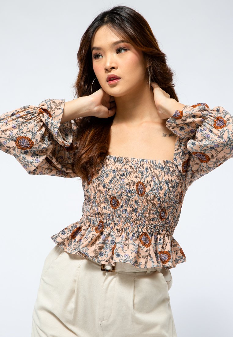 Printed Gathered Peasant Top