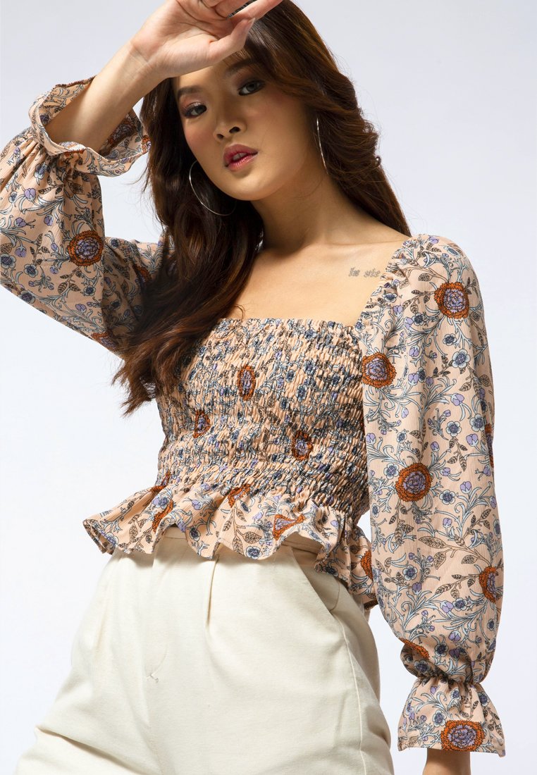 Printed Gathered Peasant Top
