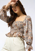 Printed Gathered Peasant Top