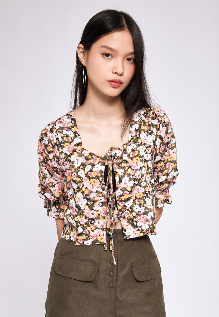 Printed Front Tie Blouse