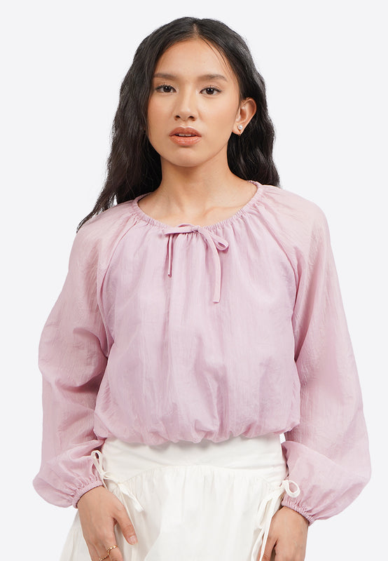 Long Sleeve Bubble Blouse with Ribbon