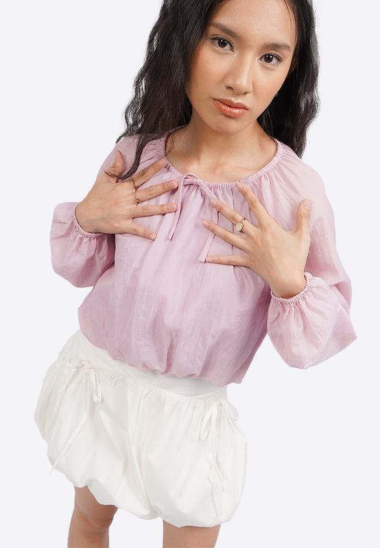 Long Sleeve Bubble Blouse with Ribbon