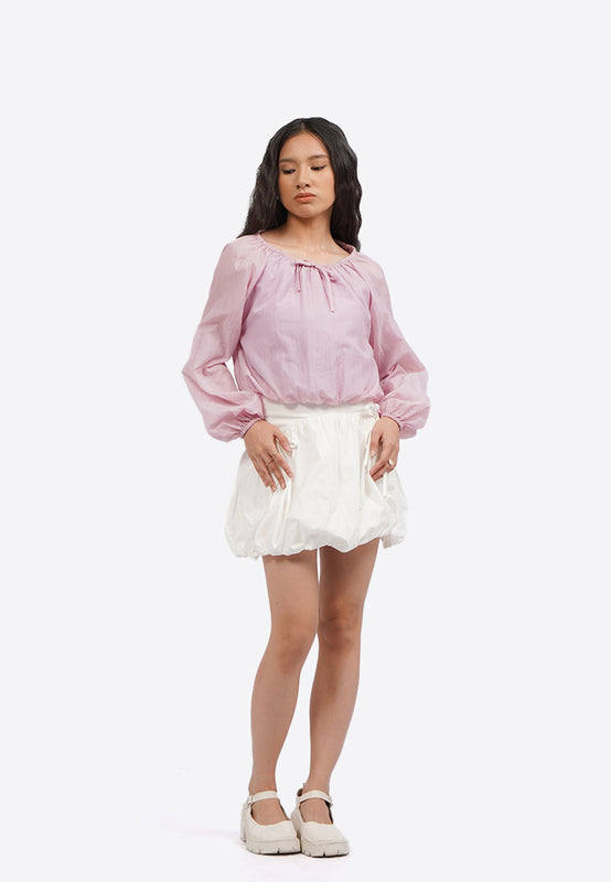 Long Sleeve Bubble Blouse with Ribbon