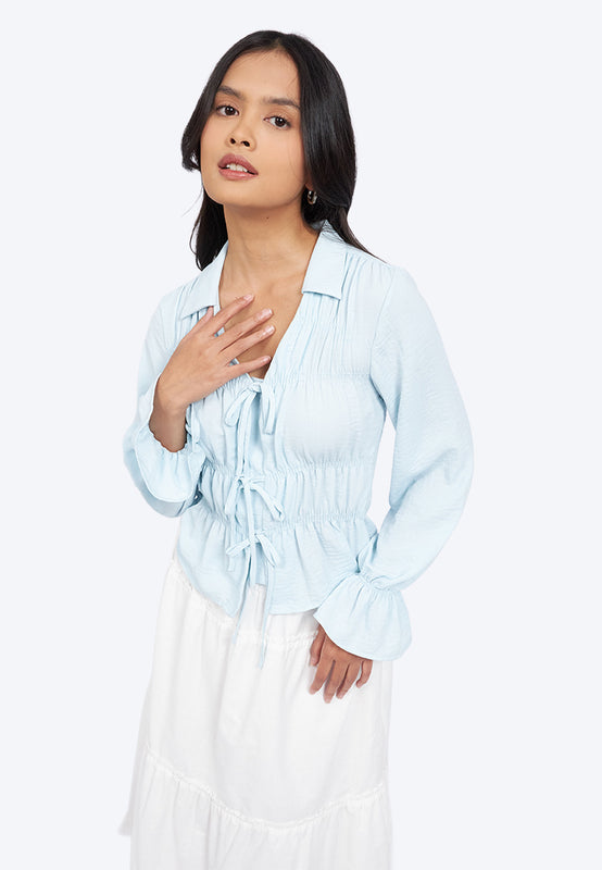 Long Sleeve Shirred Blouse
