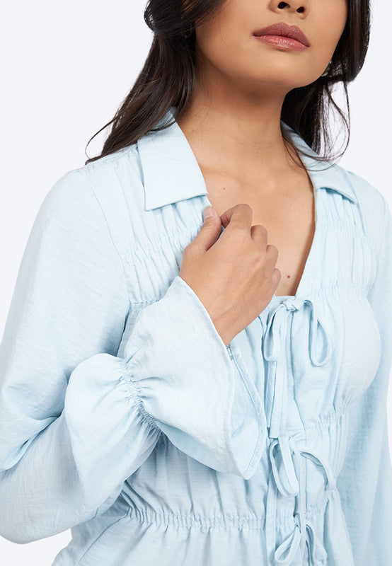 Long Sleeve Shirred Blouse