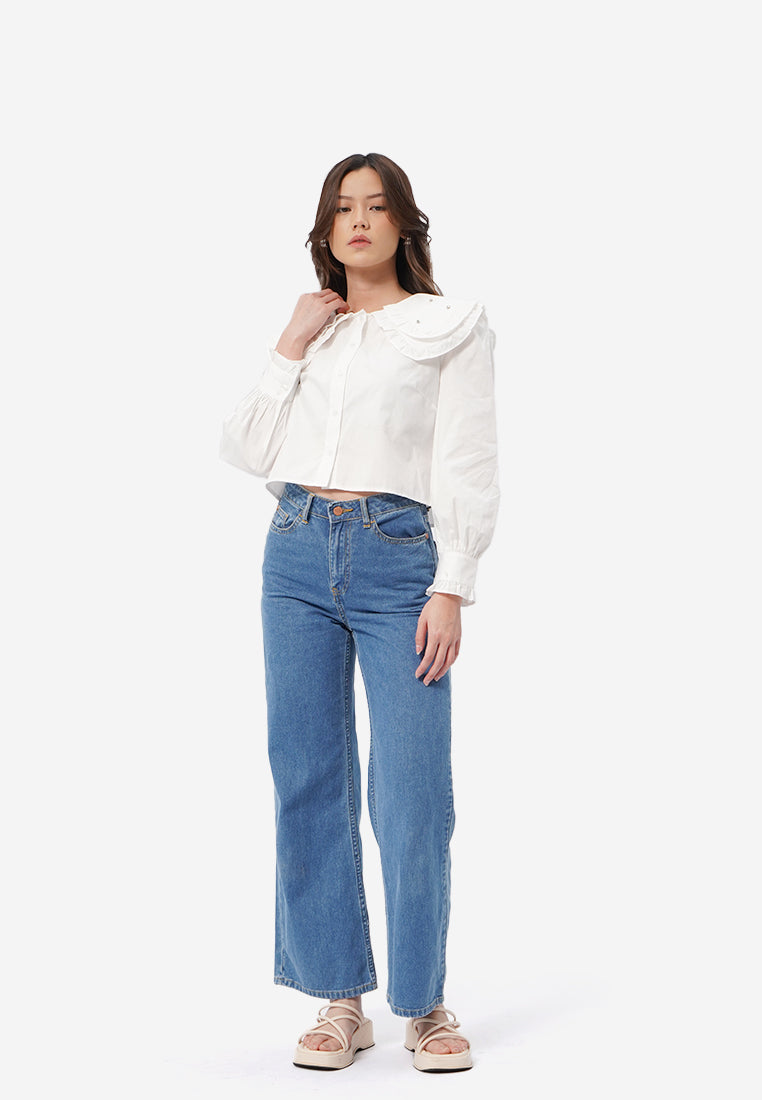 Long Sleeve Blouse with Double Collar
