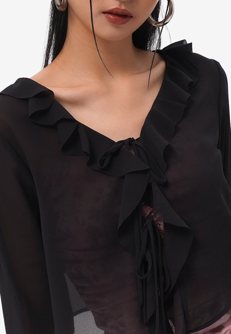 Ruffled Sheer Long Sleeve Top