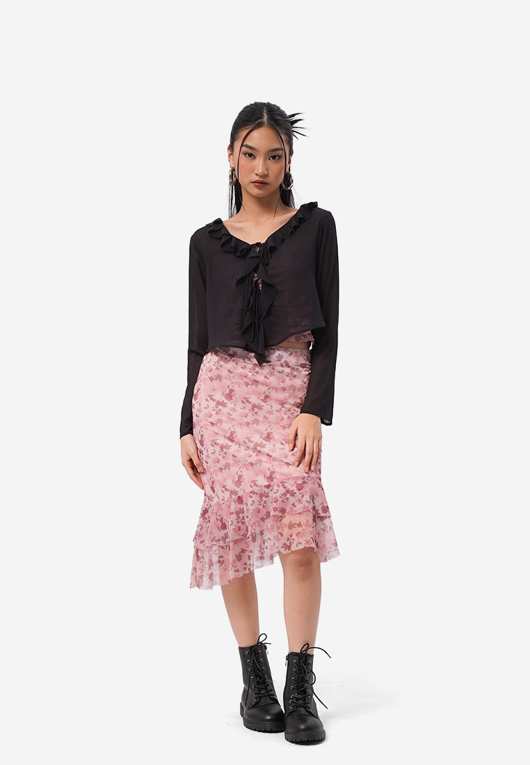 Ruffled Sheer Long Sleeve Top