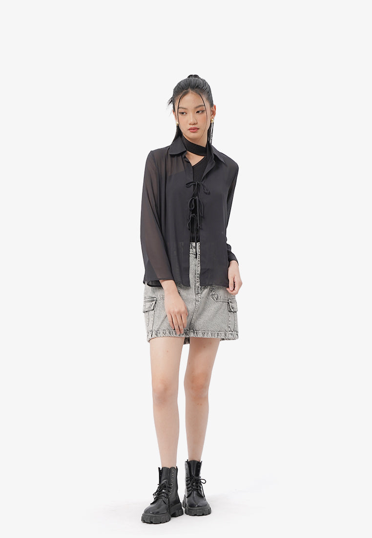 Tie Front Sheer Shirt Black