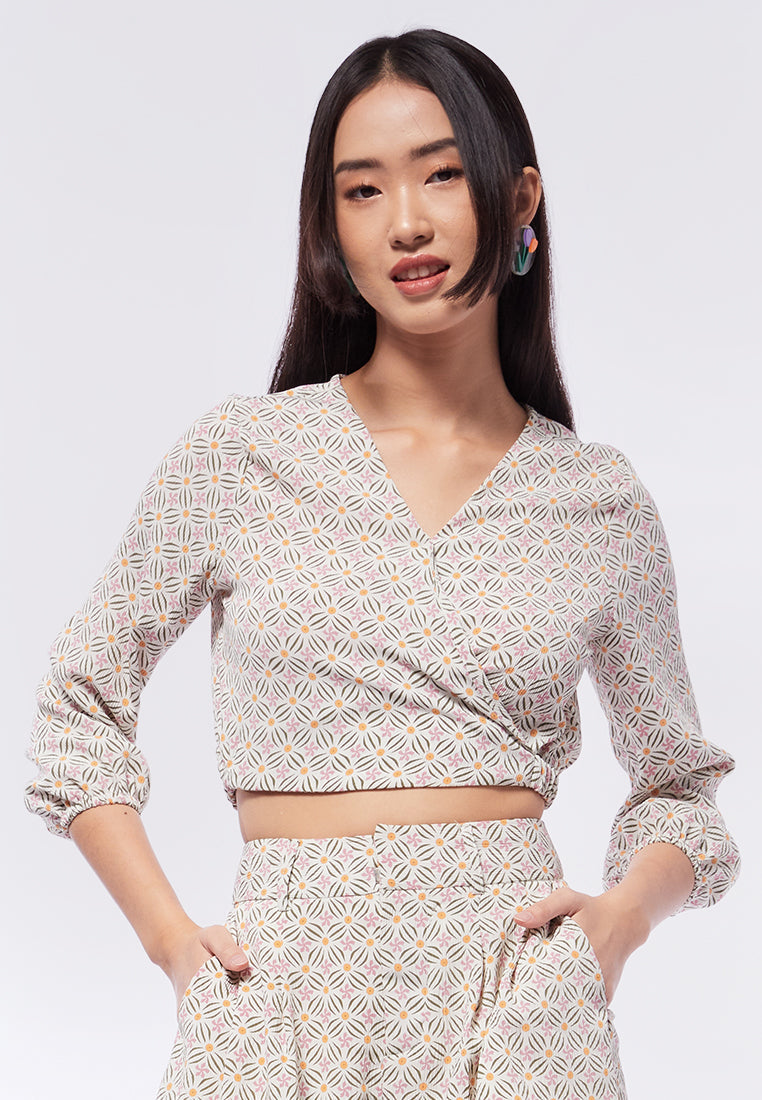 Printed Long Sleeve Wrap Blouse