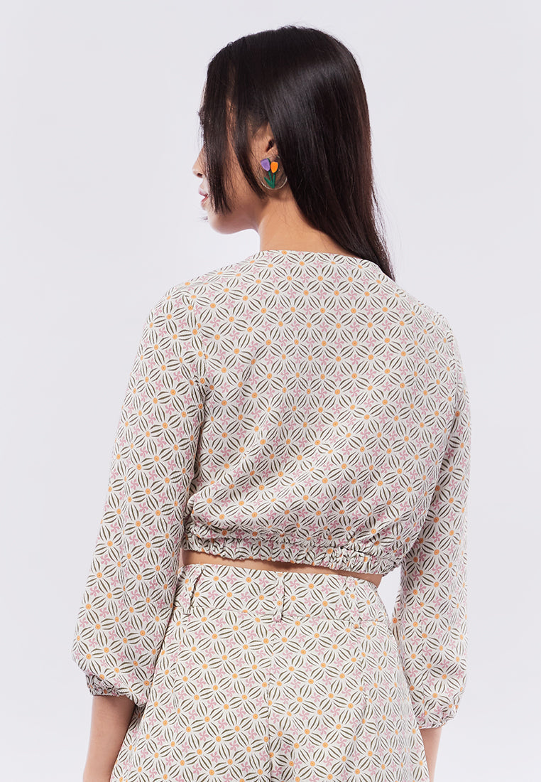 Printed Long Sleeve Wrap Blouse