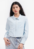 Zipped Up Long Sleeve Crop Shirt L.Blue
