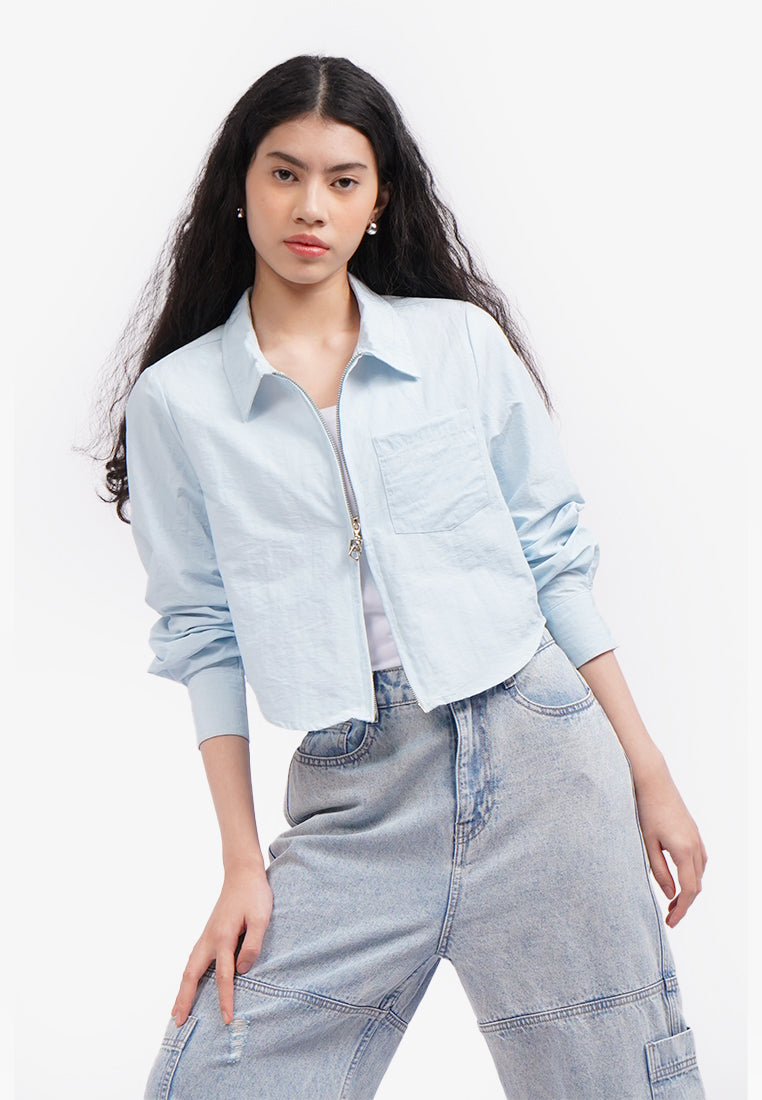 Zipped Up Long Sleeve Crop Shirt L.Blue