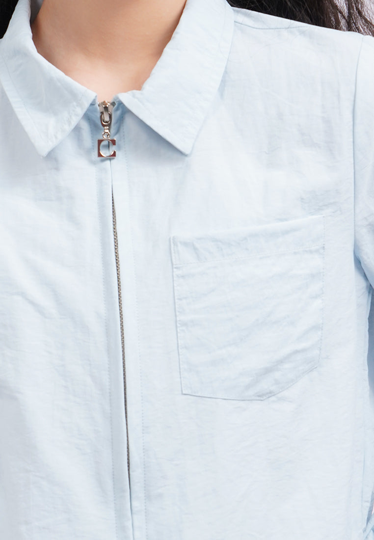 Zipped Up Long Sleeve Crop Shirt L.Blue