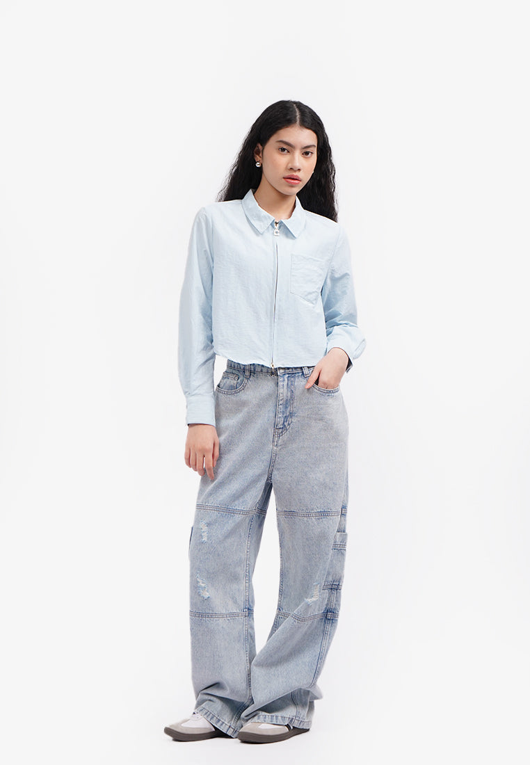 Zipped Up Long Sleeve Crop Shirt L.Blue