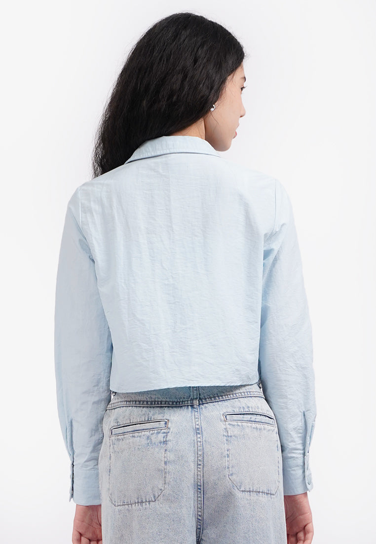 Zipped Up Long Sleeve Crop Shirt L.Blue