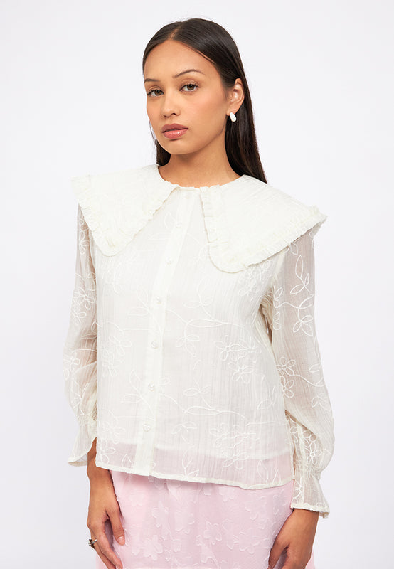 Wide Collar Blouse with Elastic Sleeve