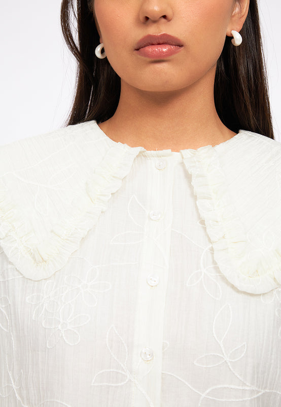 Wide Collar Blouse with Elastic Sleeve