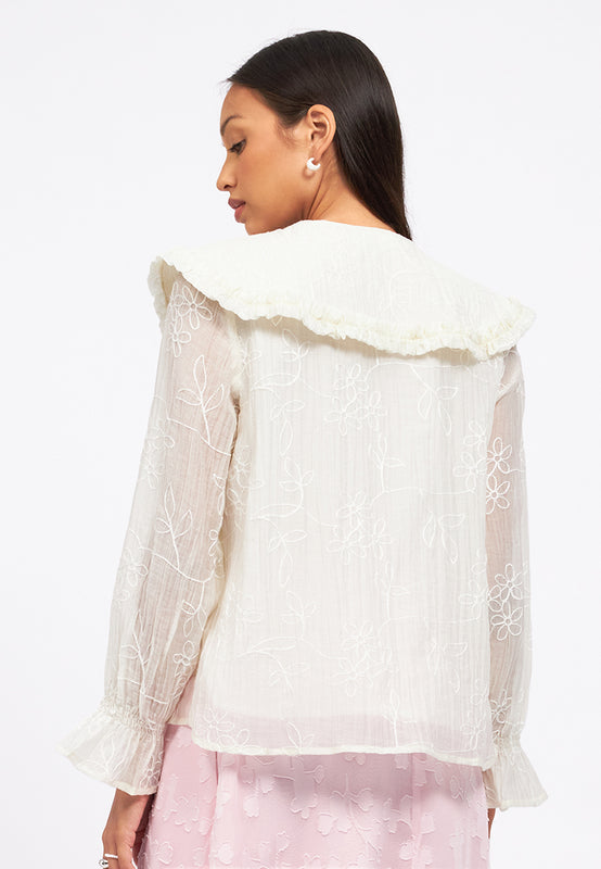 Wide Collar Blouse with Elastic Sleeve