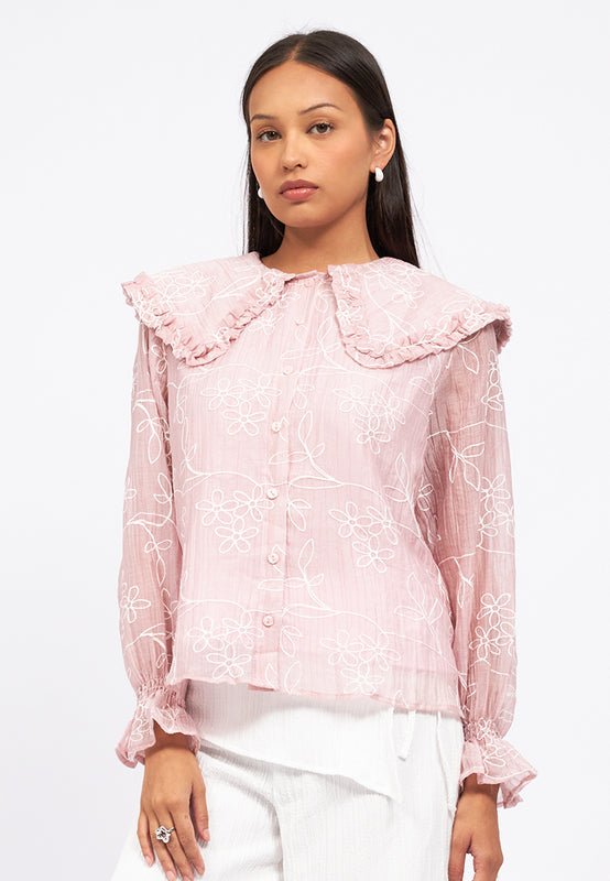 Wide Collar Blouse with Elastic Sleeve