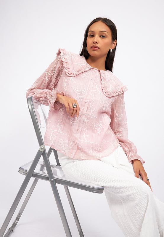 Wide Collar Blouse with Elastic Sleeve