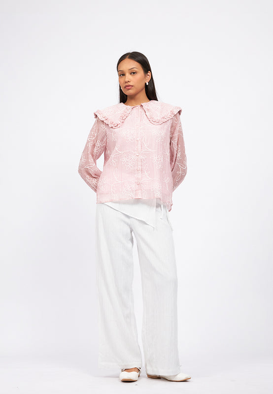 Wide Collar Blouse with Elastic Sleeve