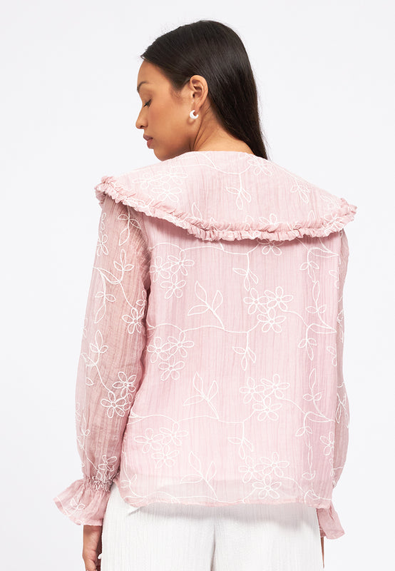 Wide Collar Blouse with Elastic Sleeve
