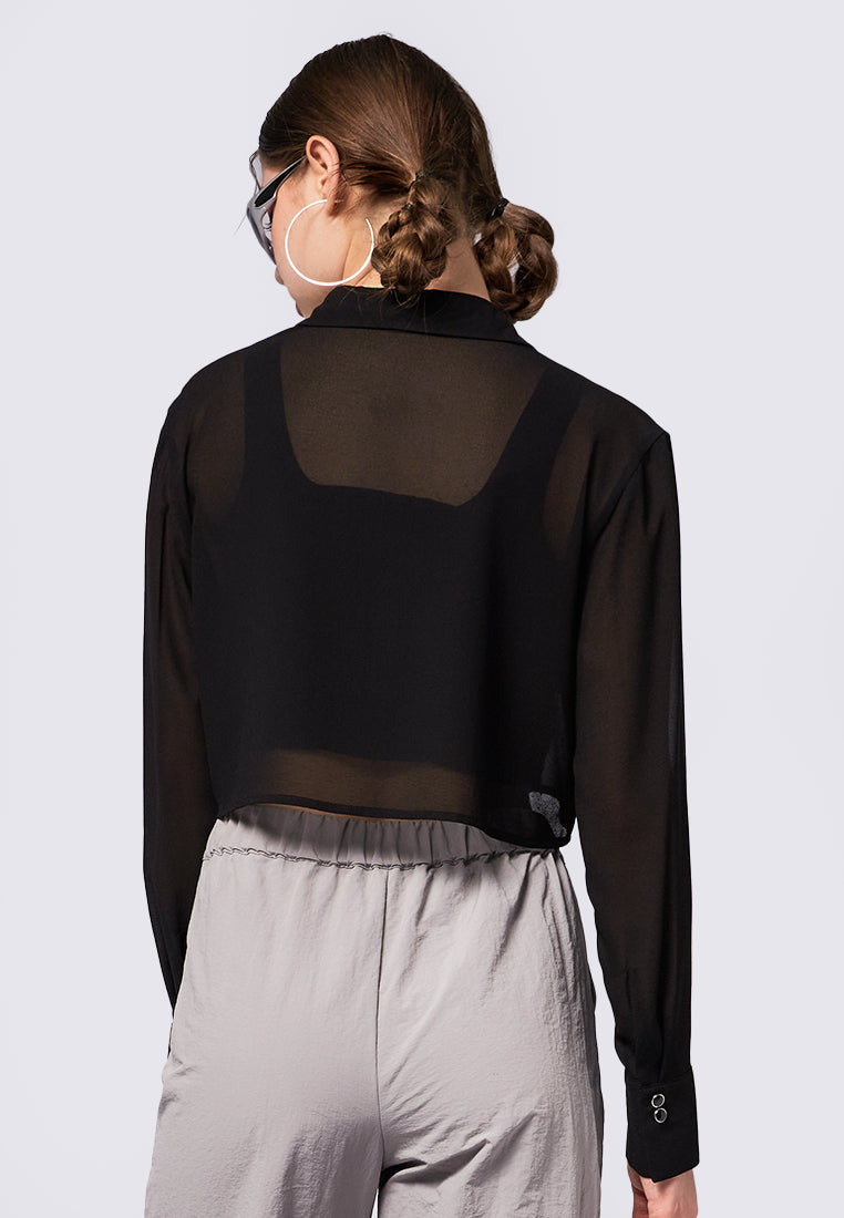Long Sleeve Cropped Sheer Blouse