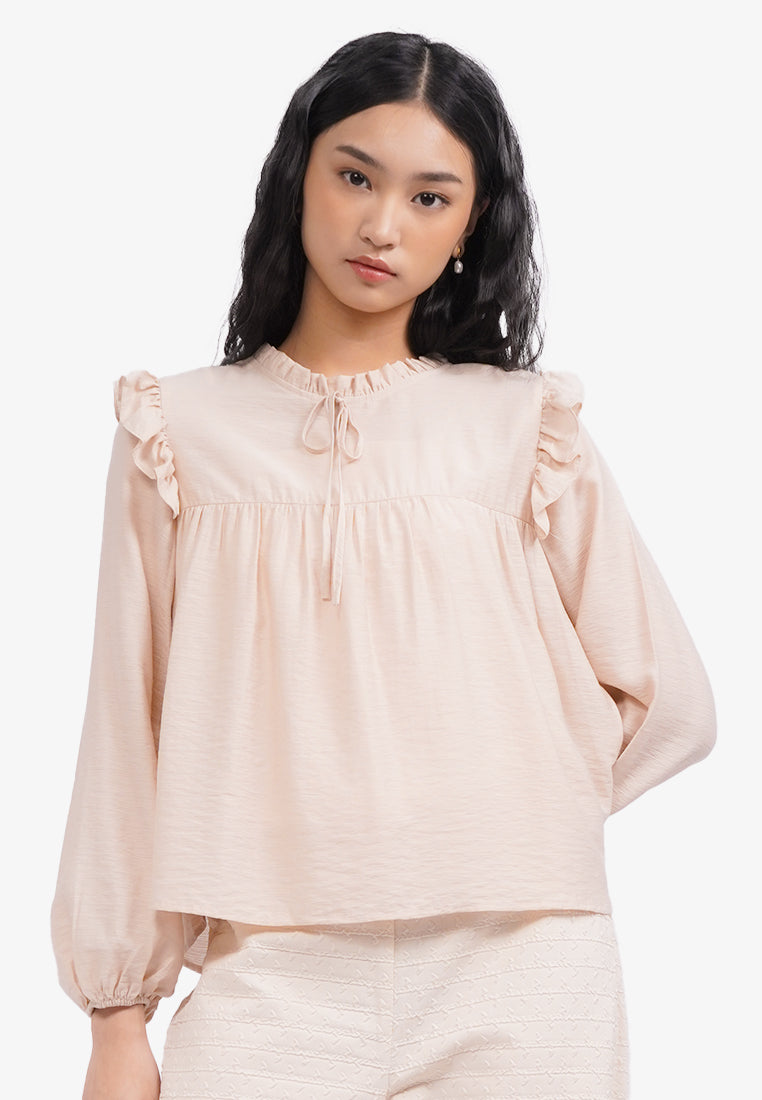 Ruffled Long Sleeve Blouse Beige