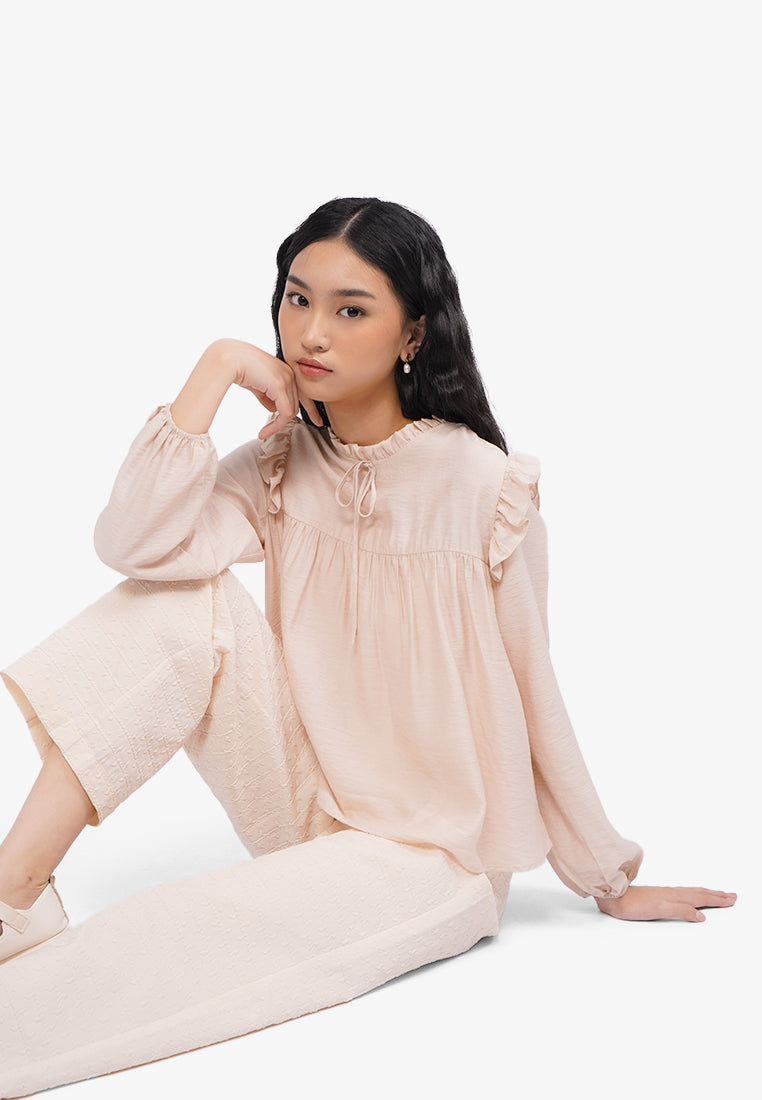 Ruffled Long Sleeve Blouse Beige