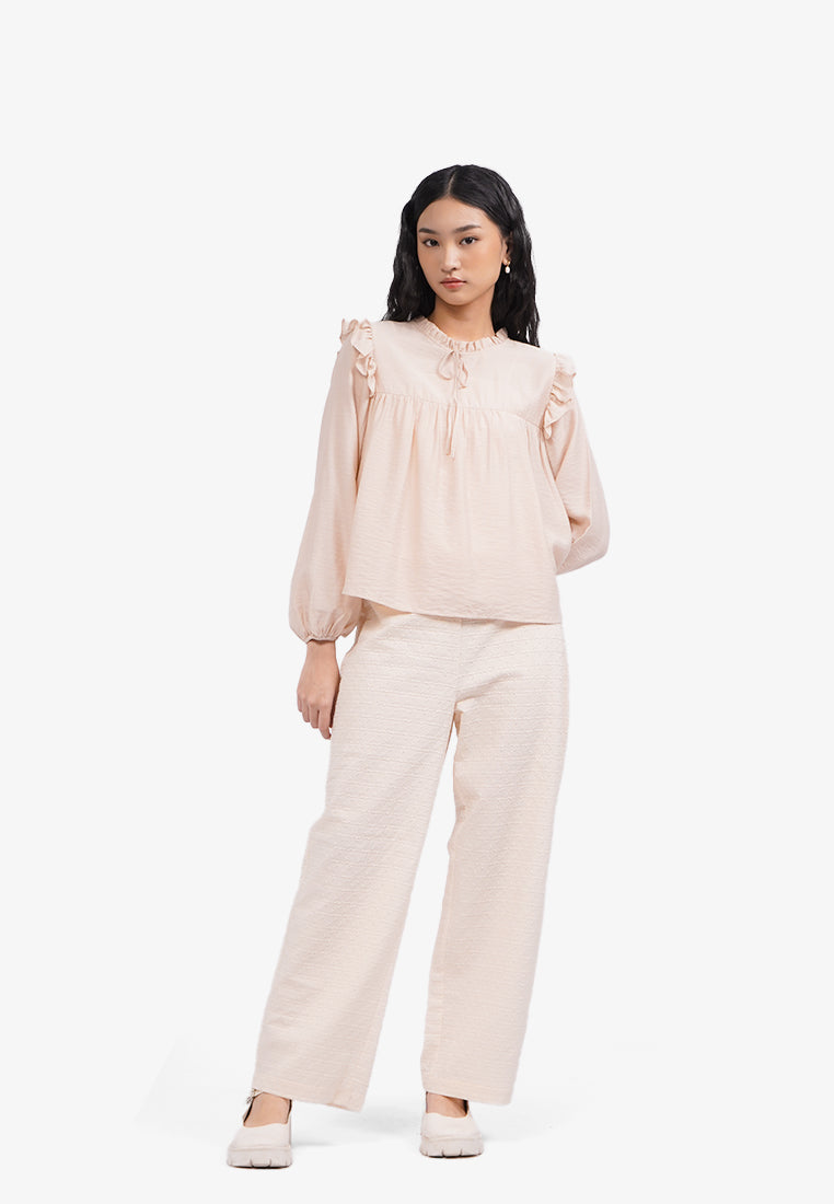 Ruffled Long Sleeve Blouse Beige