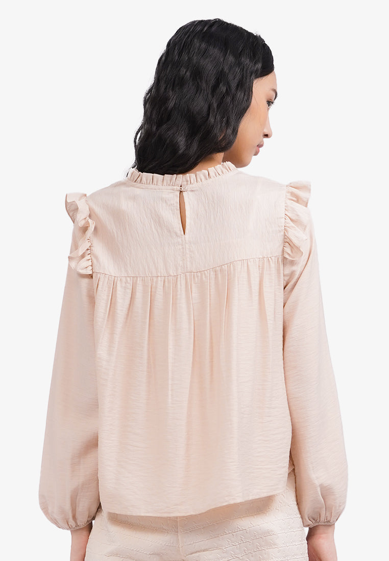 Ruffled Long Sleeve Blouse Beige