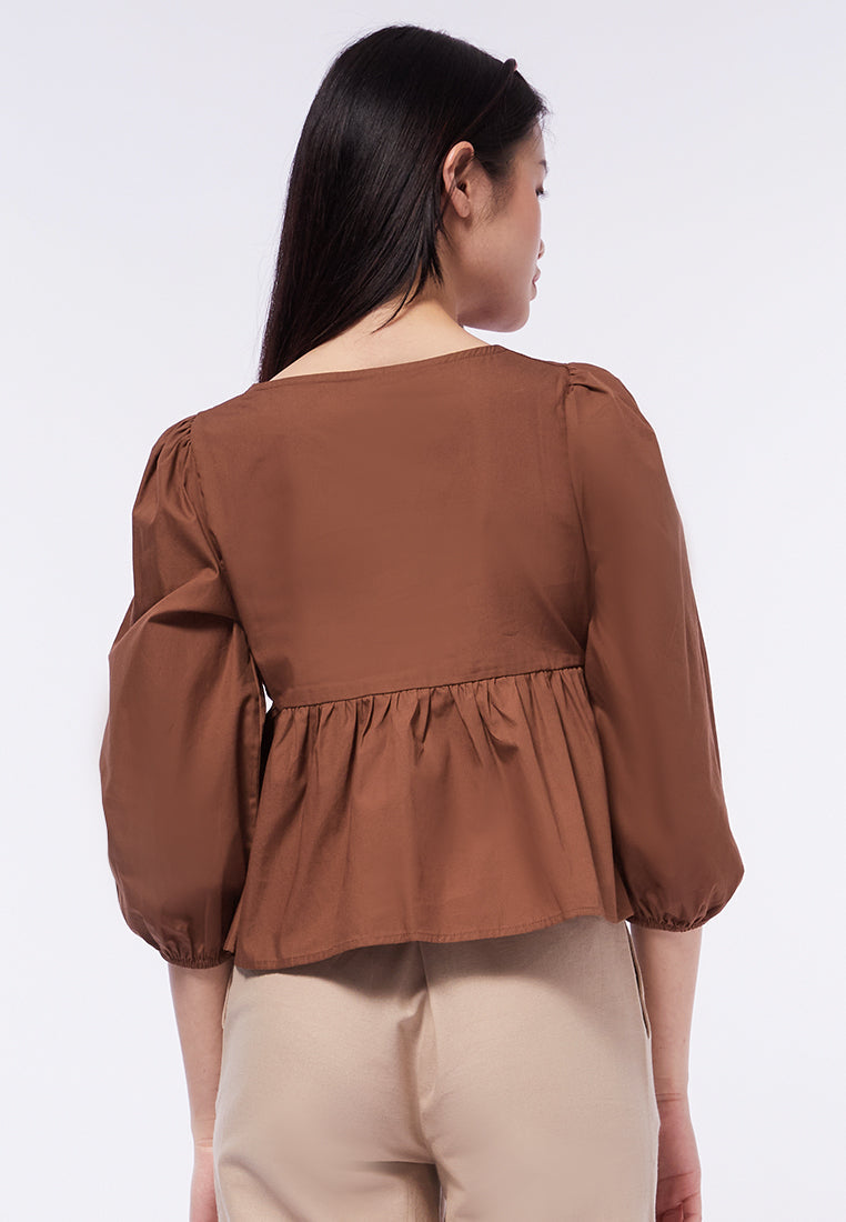 Tie Front Peplum Long Sleeve Blouse