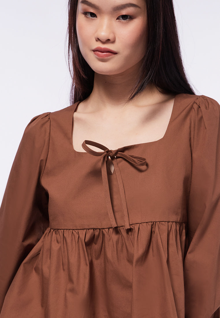 Tie Front Peplum Long Sleeve Blouse