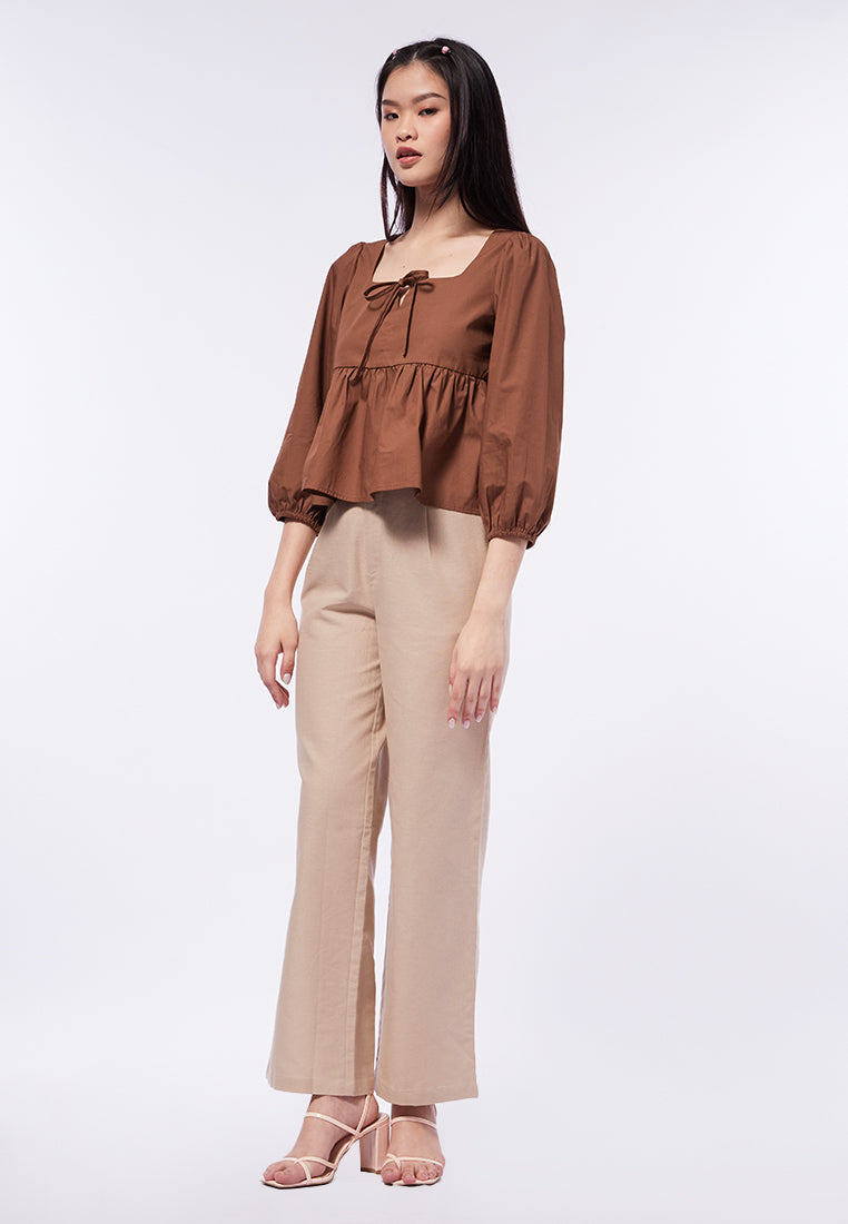 Tie Front Peplum Long Sleeve Blouse