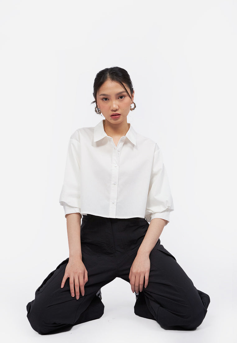Ruched Sleeves Crop Blouse Off White