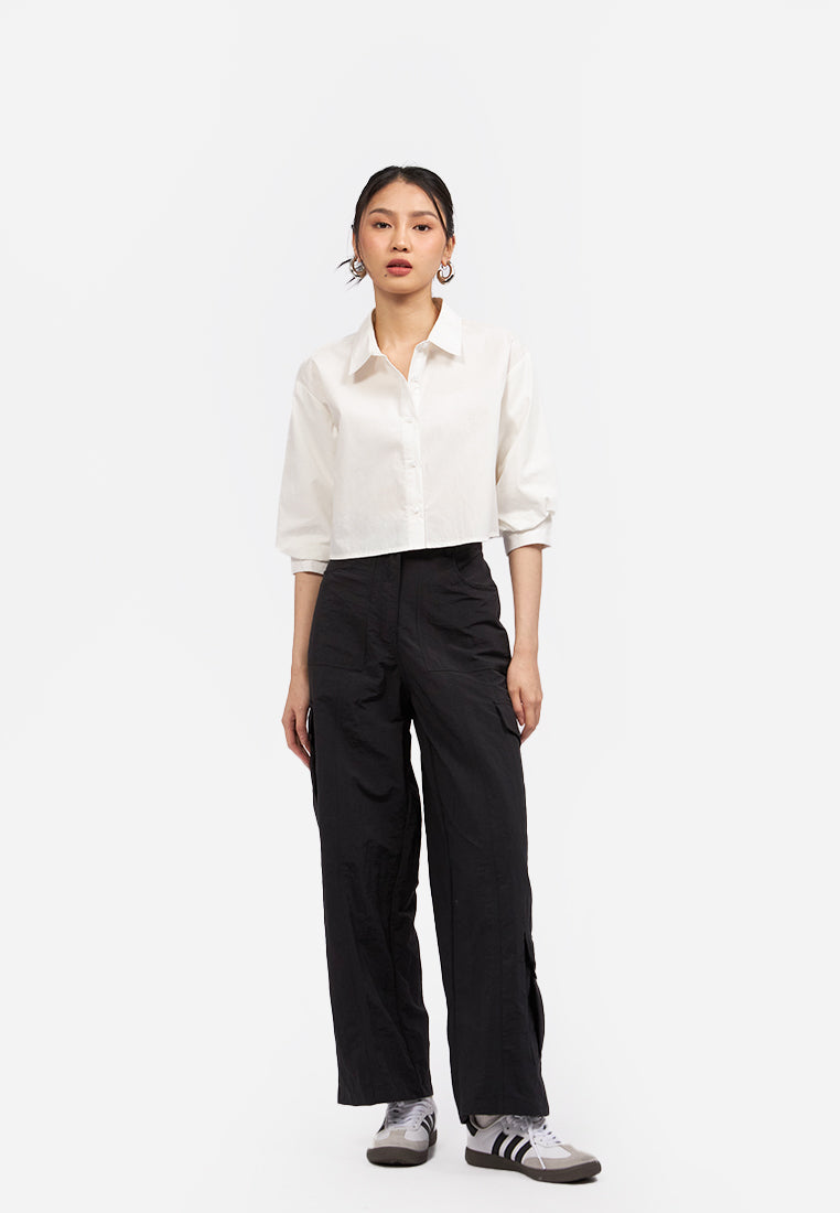 Ruched Sleeves Crop Blouse Off White