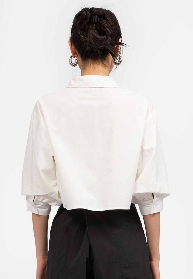 Ruched Sleeves Crop Blouse Off White