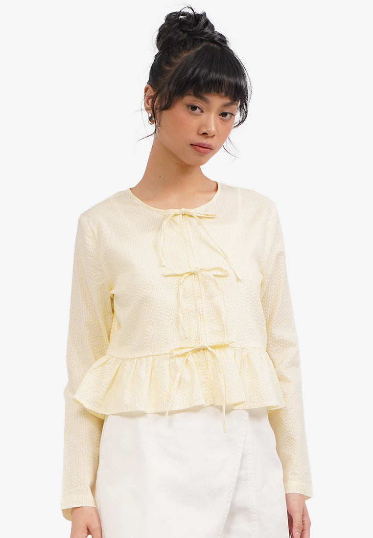 Striped Peplum Blouse with Bow Yellow