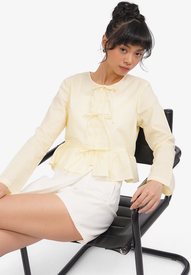 Striped Peplum Blouse with Bow Yellow