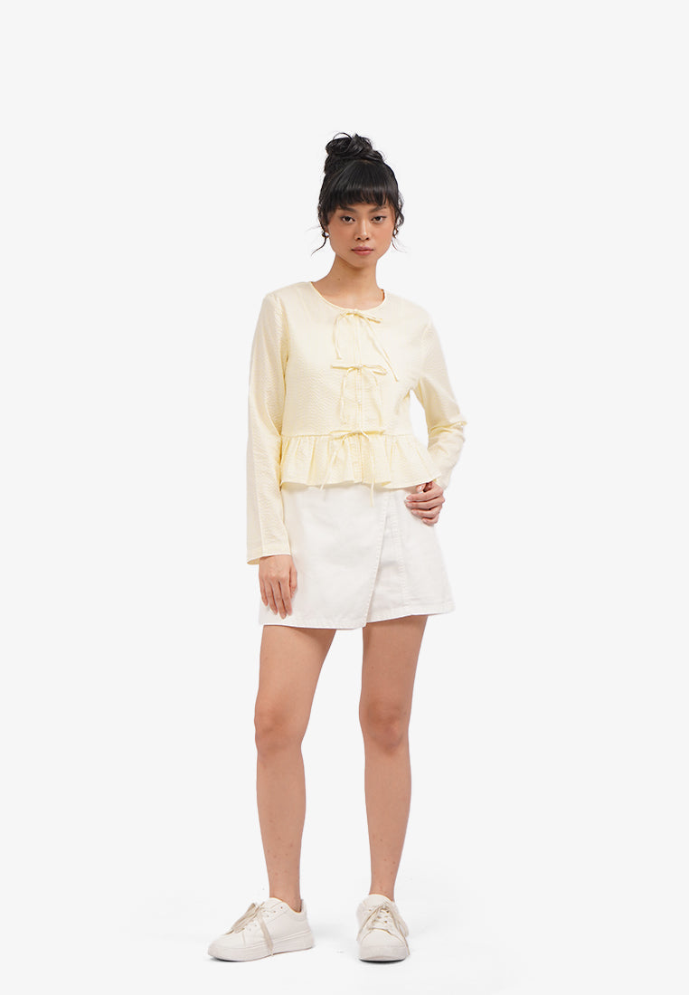 Striped Peplum Blouse with Bow Yellow