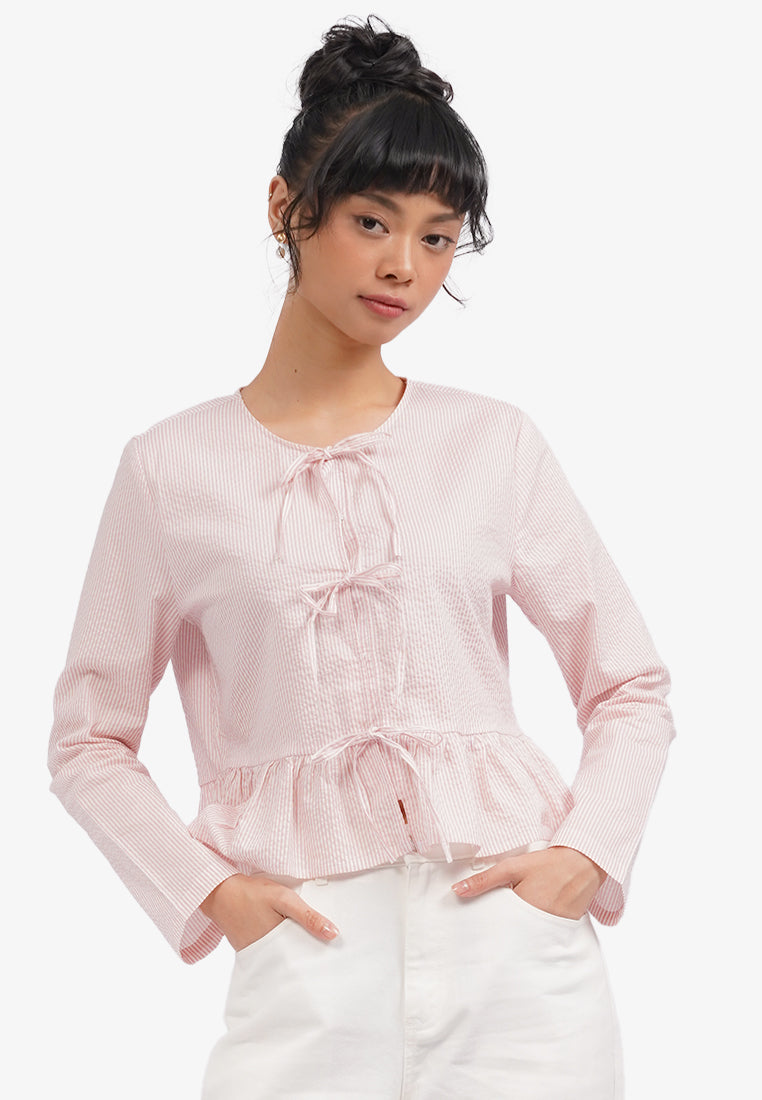 Striped Peplum Blouse with Bow Pink