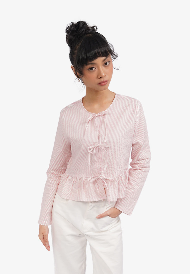 Striped Peplum Blouse with Bow Pink